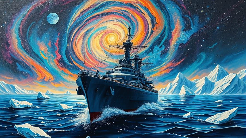 Surreal Battleship Meets Cosmic Dreamscape in Vibrant Acryli...