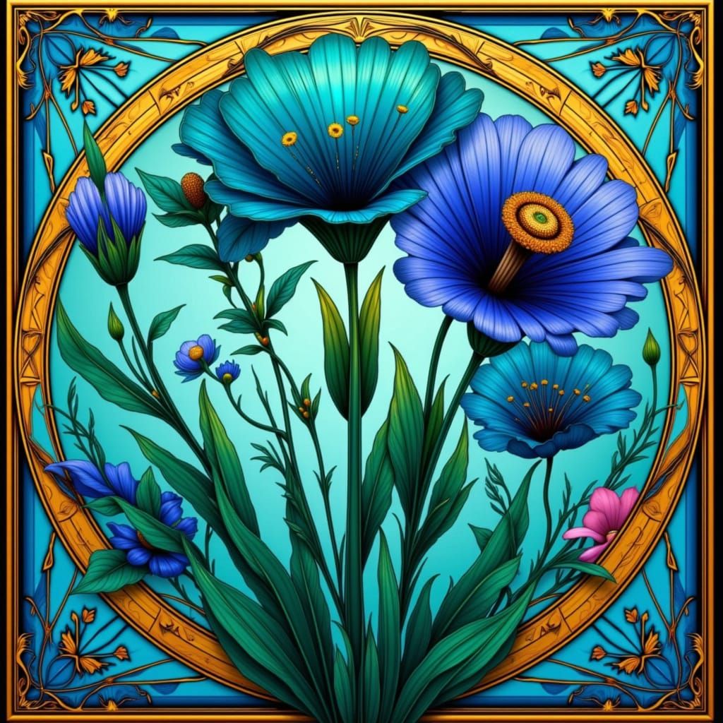 Art Nouveau Flowers in Turquoise and Violet