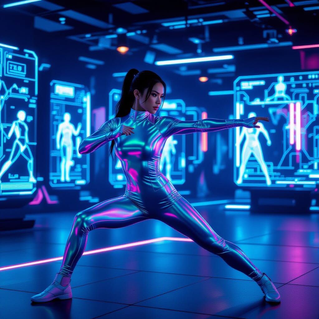 Woman in Futuristic Gym Practicing Martial Arts