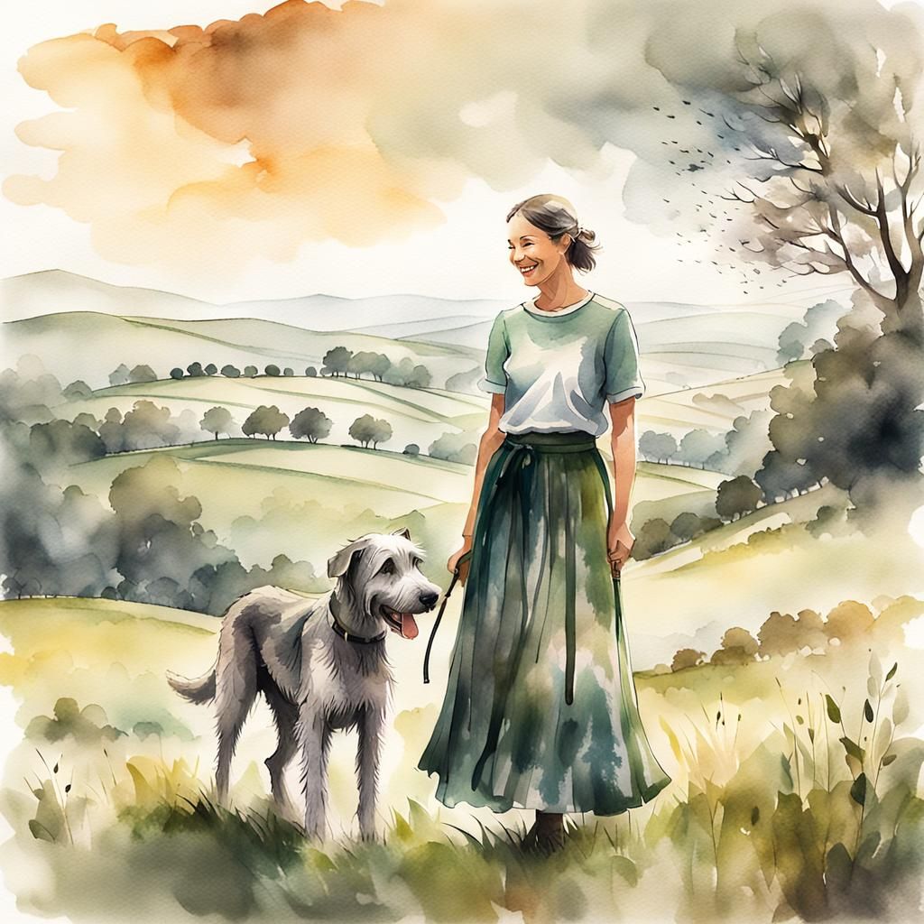Woman with Wolfhound in Irish Landscape Illustration