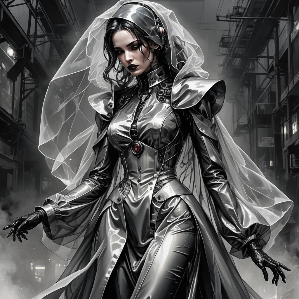 Cyber Cyberpunk Robot Cyborg Borg Steel. Comic Noir Expressionism. Shining Organza Over Dress Flared Long Sleeves Glamor...