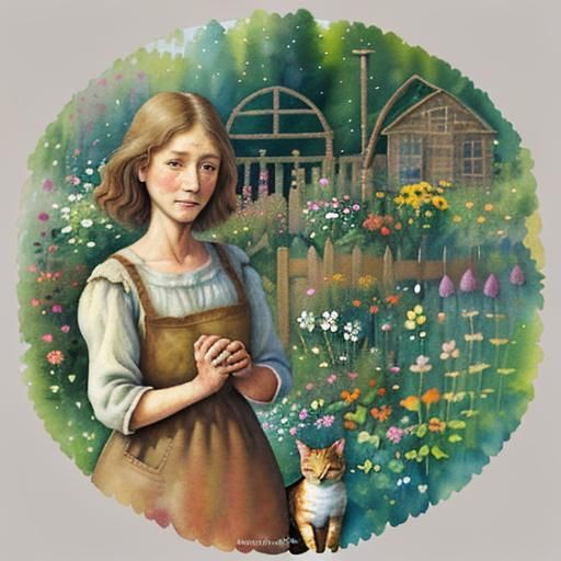 Julie Arkell" inspired folk art style flower garden, there is a gardener and a cat. focus on handmade textures
soft, ear...