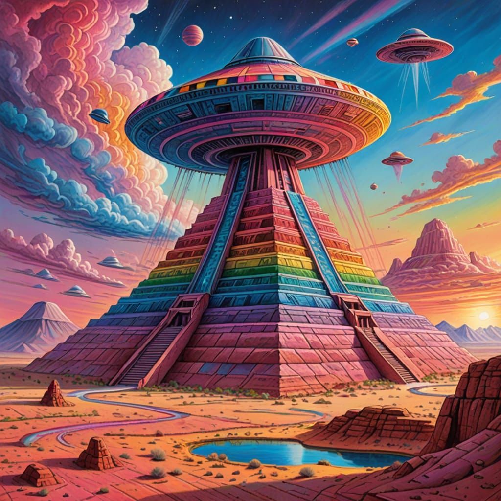 Ziggurat and Saucers in a Crayon Sketch