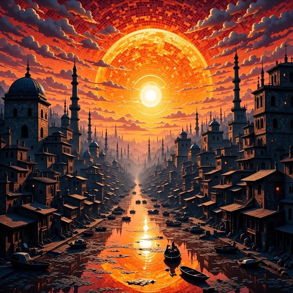 Tiled Sun Sky Over Dystopian Cityscape