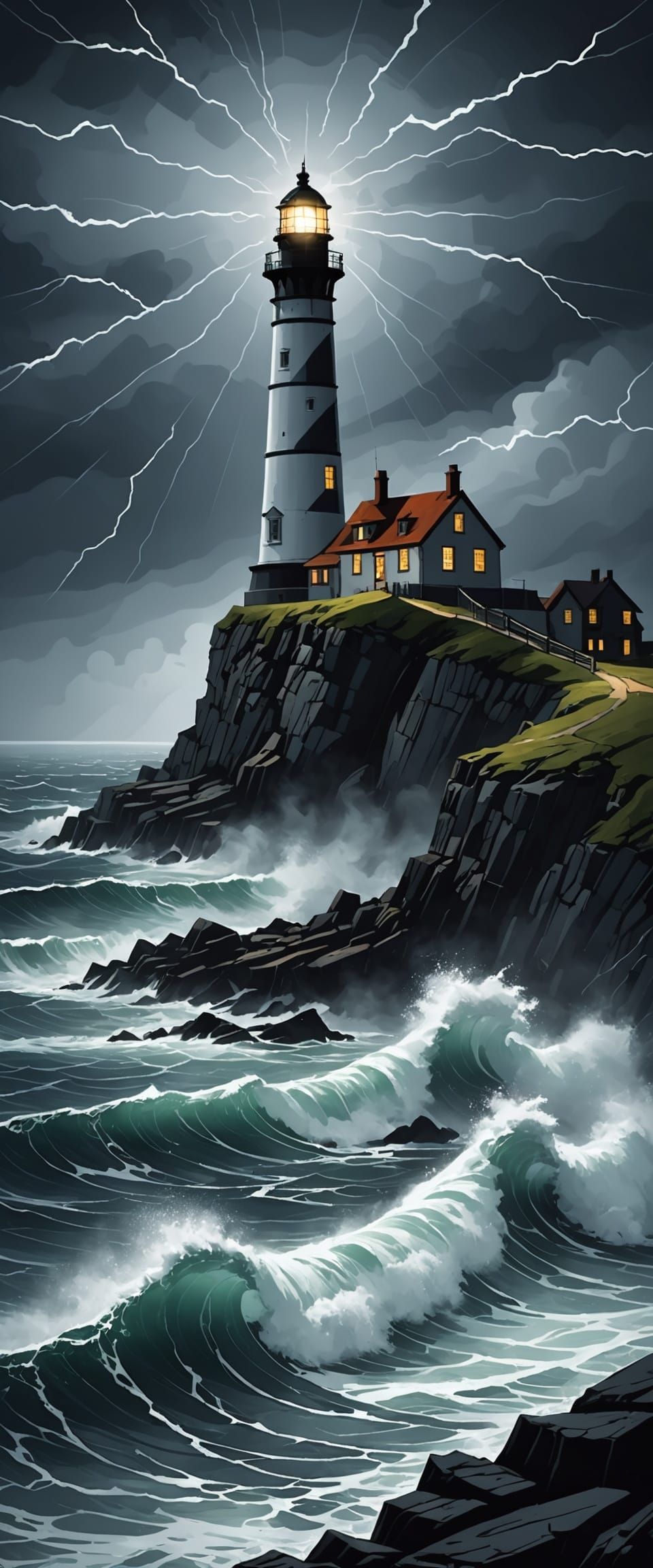 Lighthouse Against Stormy Sea in Fantasy Style