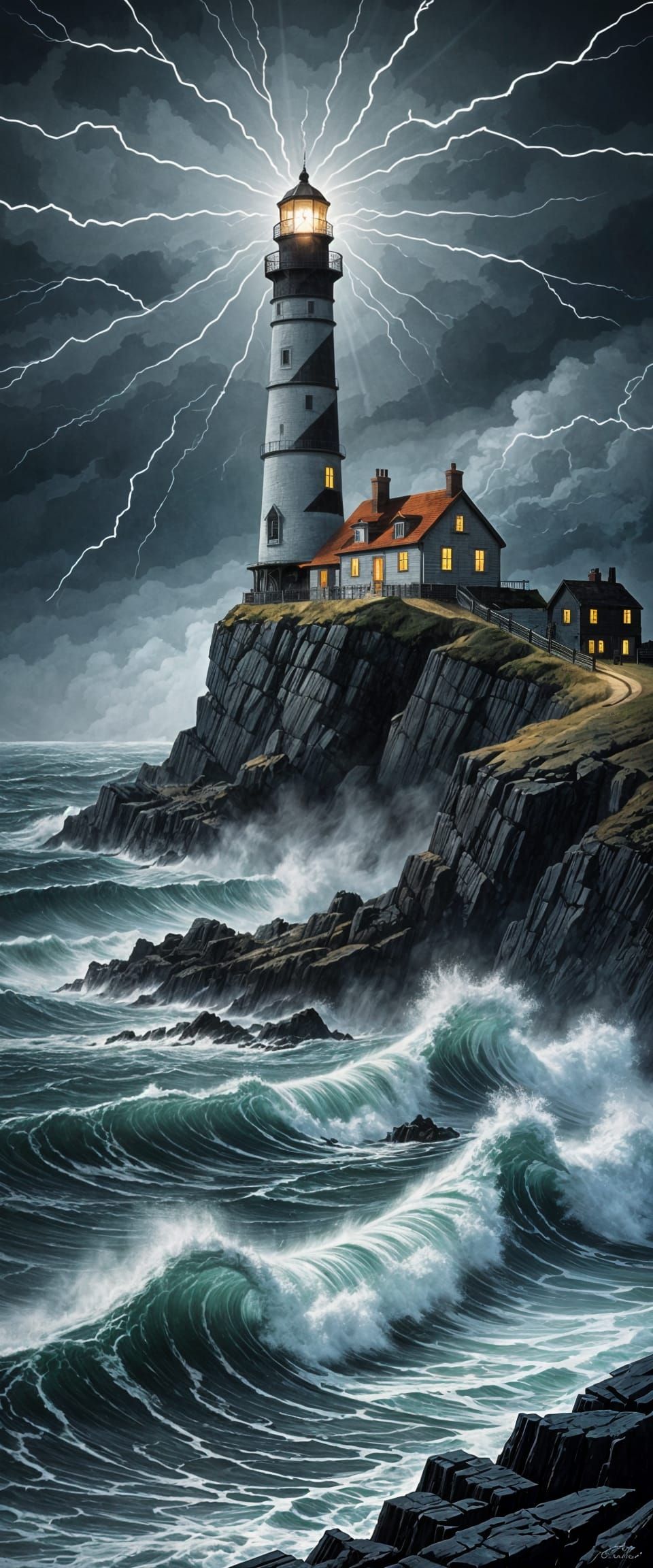 Lighthouse Silhouetted Against Stormy Sea in Fantasy Style