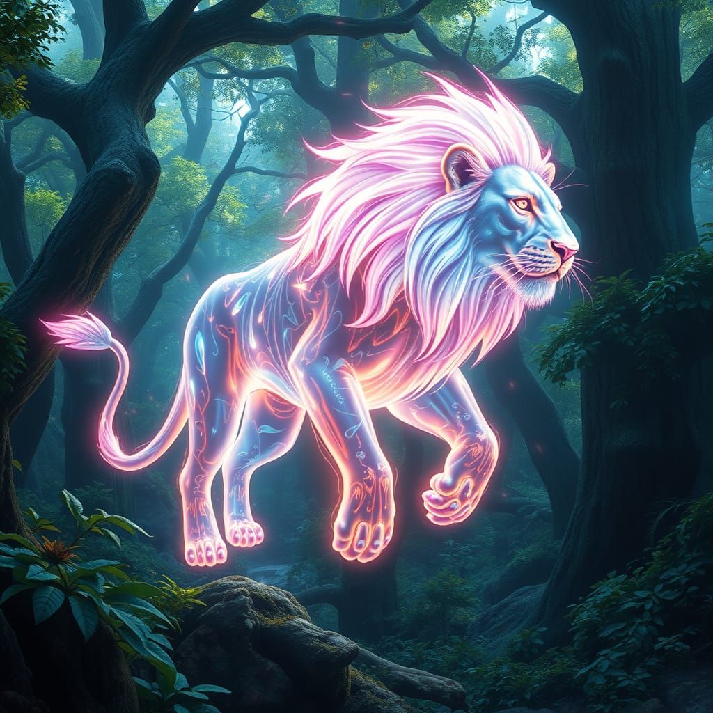 Luminous Lion Glides Through Enchanted Forest