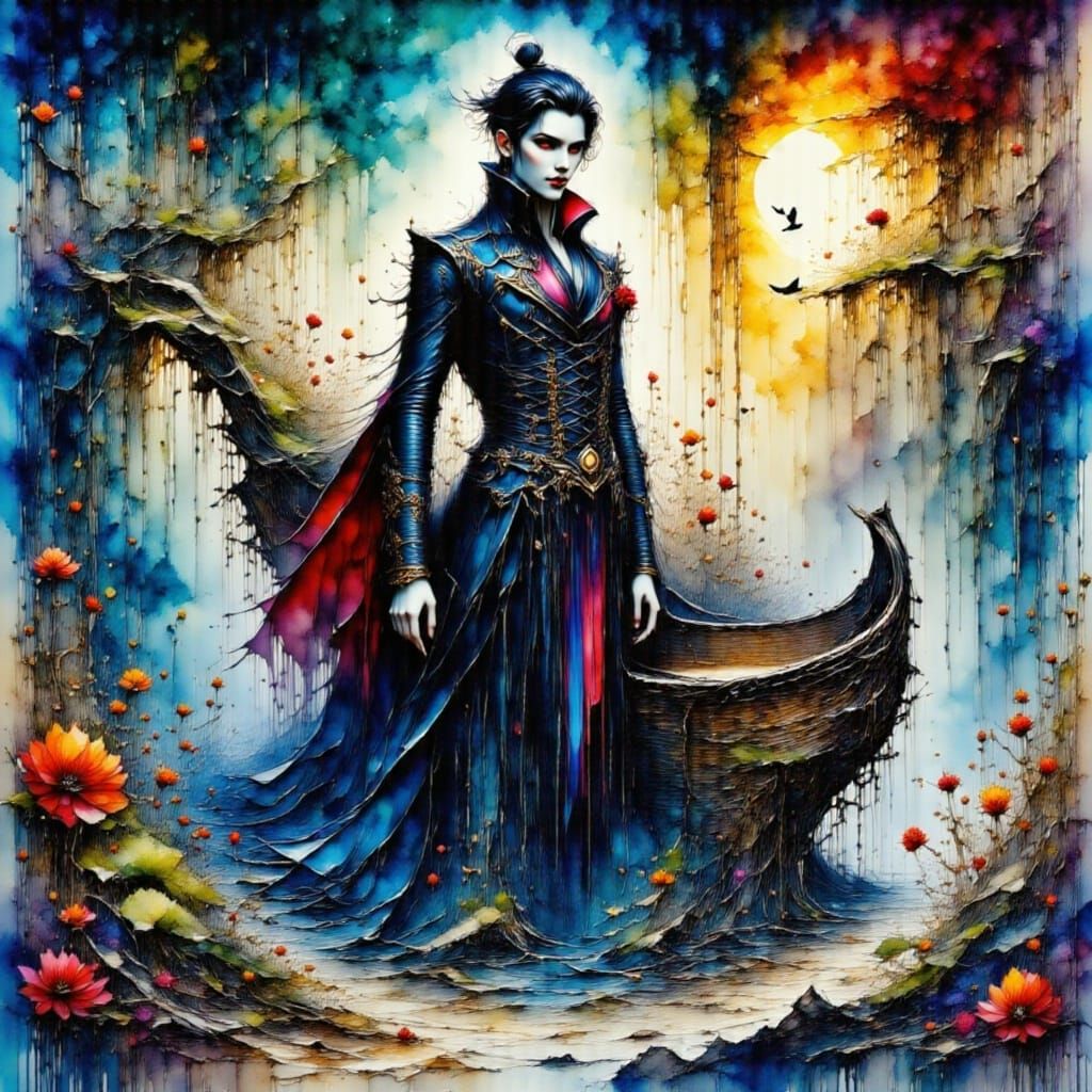 Gothic Vampire on Pirate Ship at Night