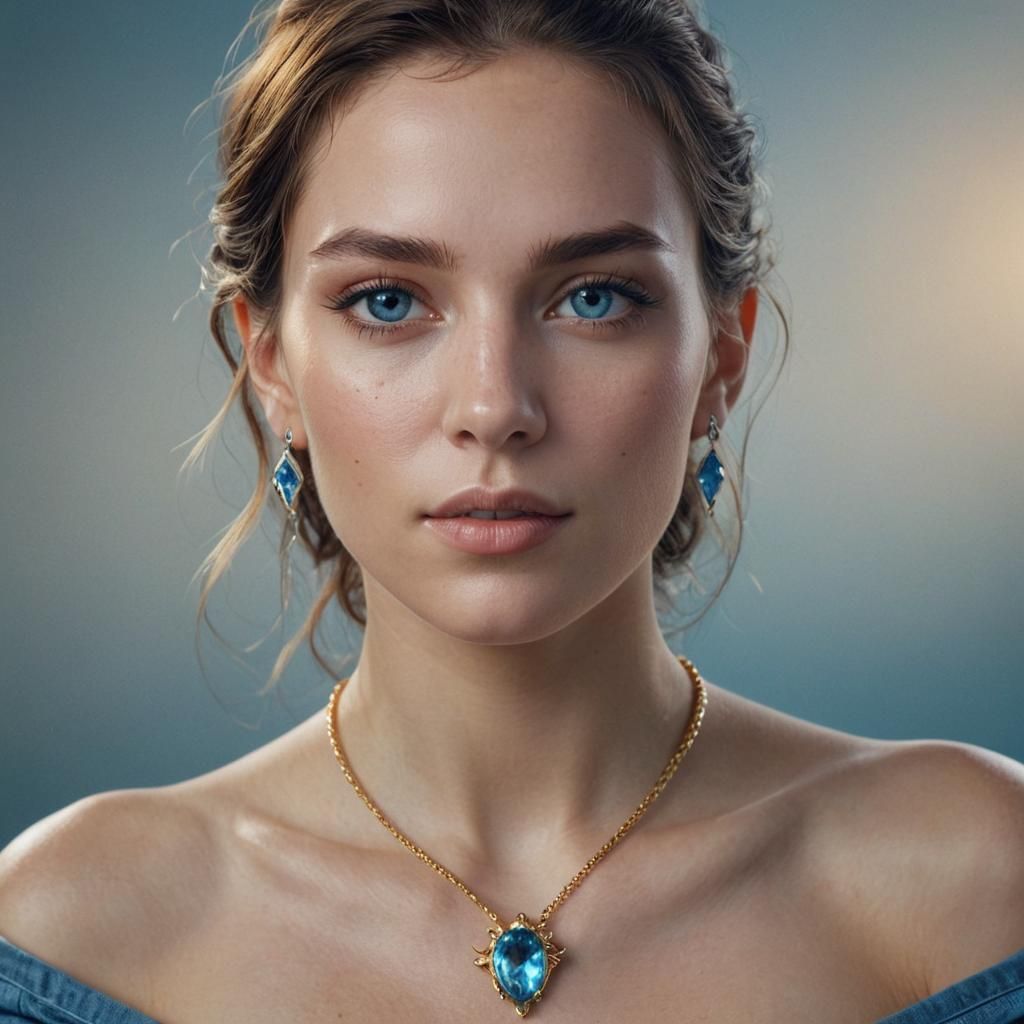 Capricorn Woman Portrait with Blue Topaz Pendant