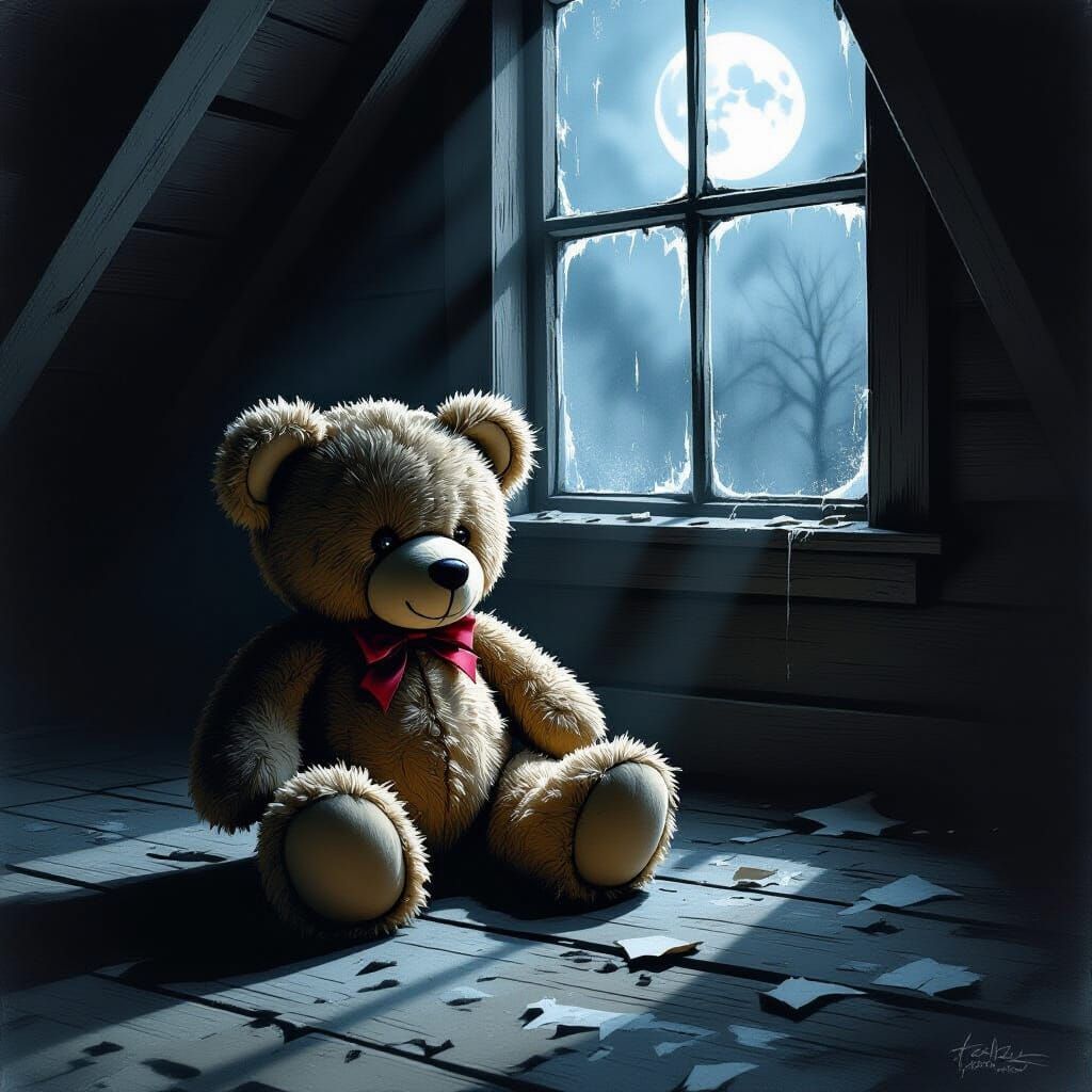 Tattered Teddy Bear in Eerie Moonlight Attic