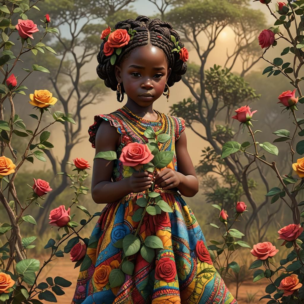 African Girl with Rose in Savanna: 3D Art