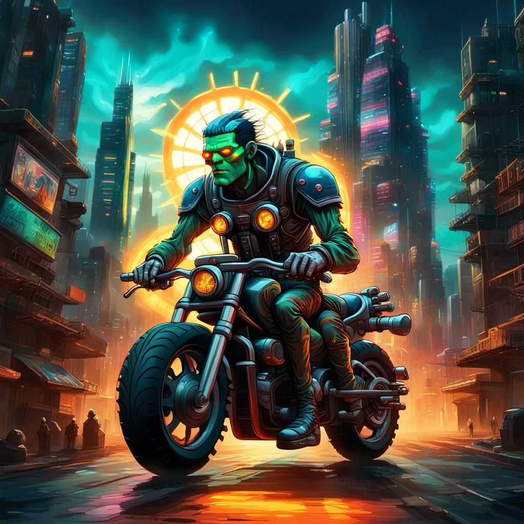 Frankenstein's Monster Wheelie in Cyberpunk City