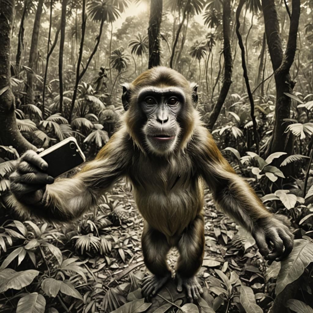 Monkey Selfie in Jungle: Vintage Hyperrealistic Photo