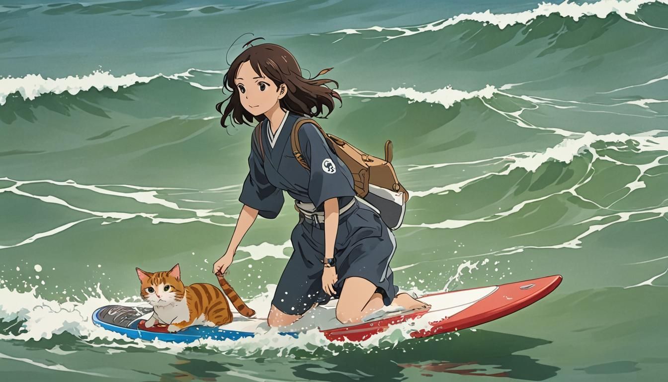 Girl Surfing with Cat in Studio Ghibli Style
