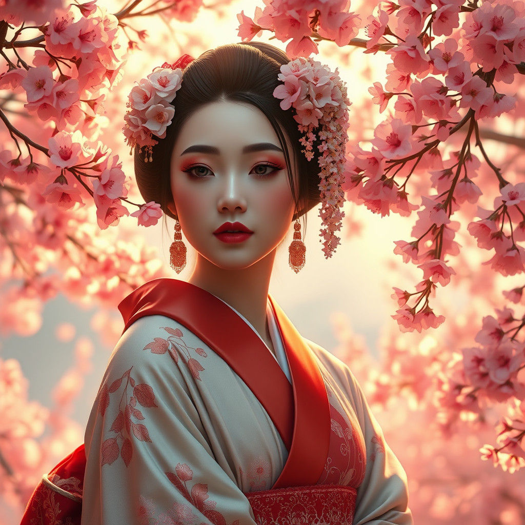 Geisha in Blossoms: A Matte Painting Masterpiece