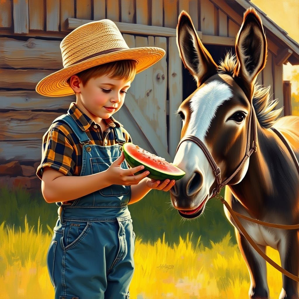 Young Boy Feeds Donkey Watermelon in Idyllic Farm Setting