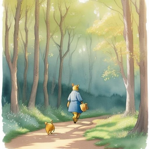 Whimsical Watercolor Illustration of Winnie the Pooh in a Su...