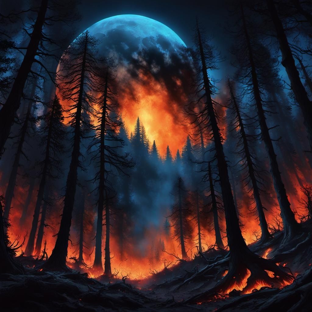 Wildfire Engulfs Mystical Forest Under Black Moon