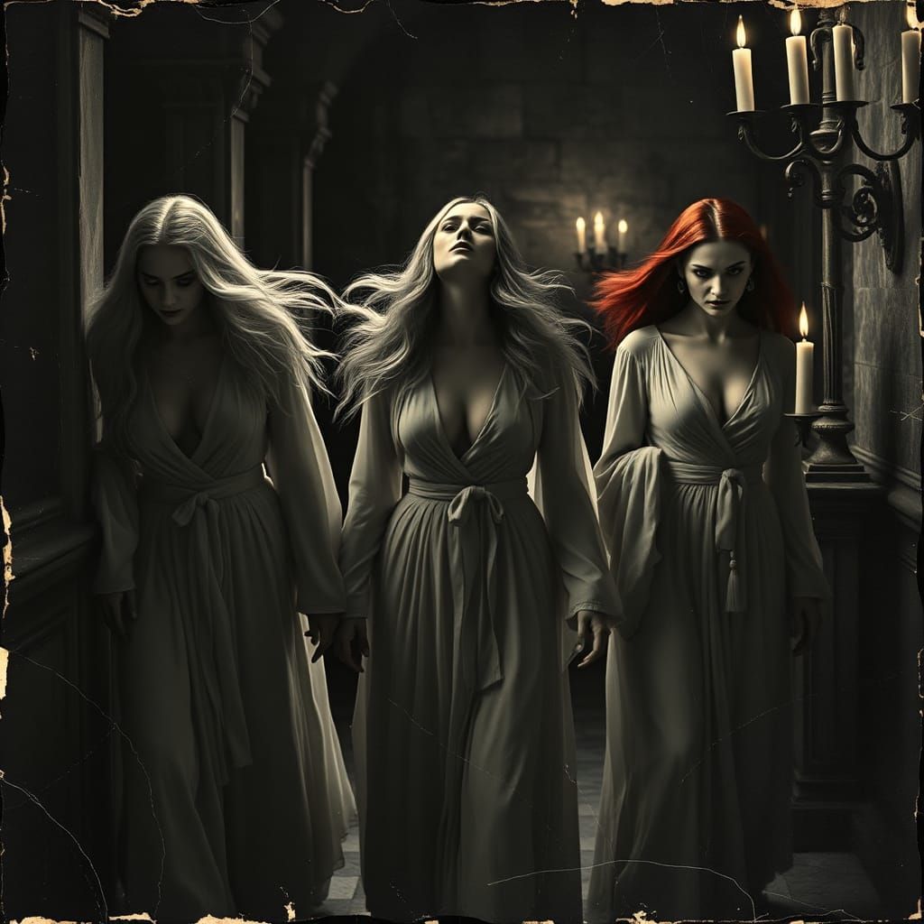 Eerie Vampire Women in Damaged Black and White Photograph