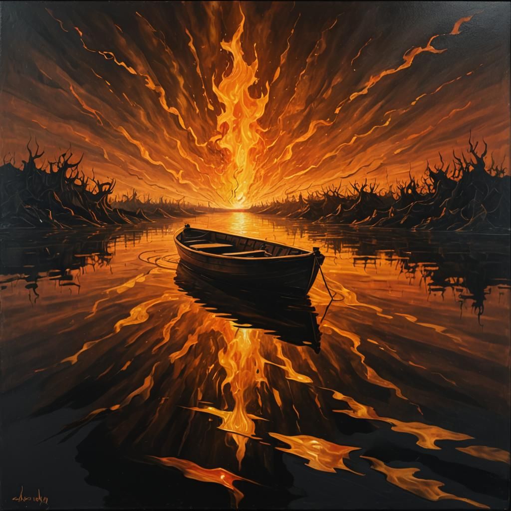 Hellish Reflection: Surreal Boat on Dark Water