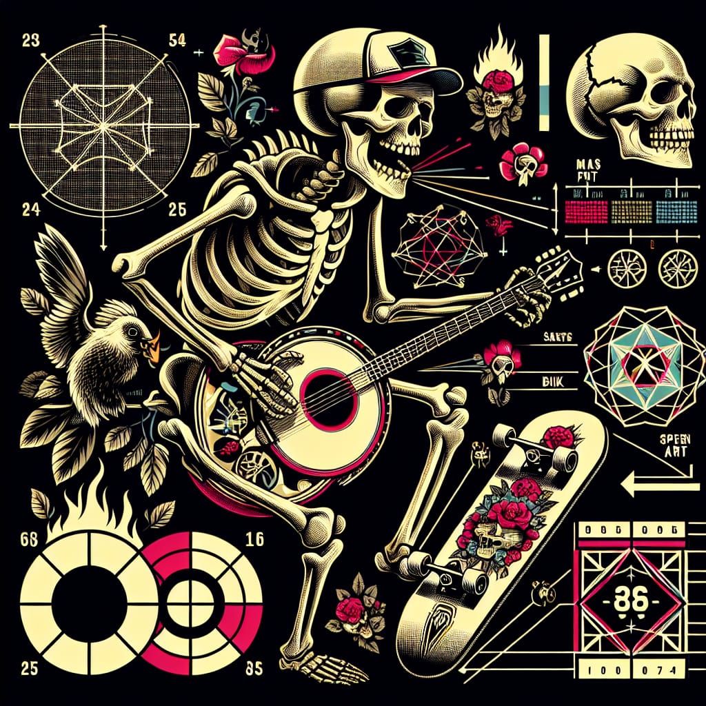Punk Rock Skeleton Playing Banjo in Pop Art Style
