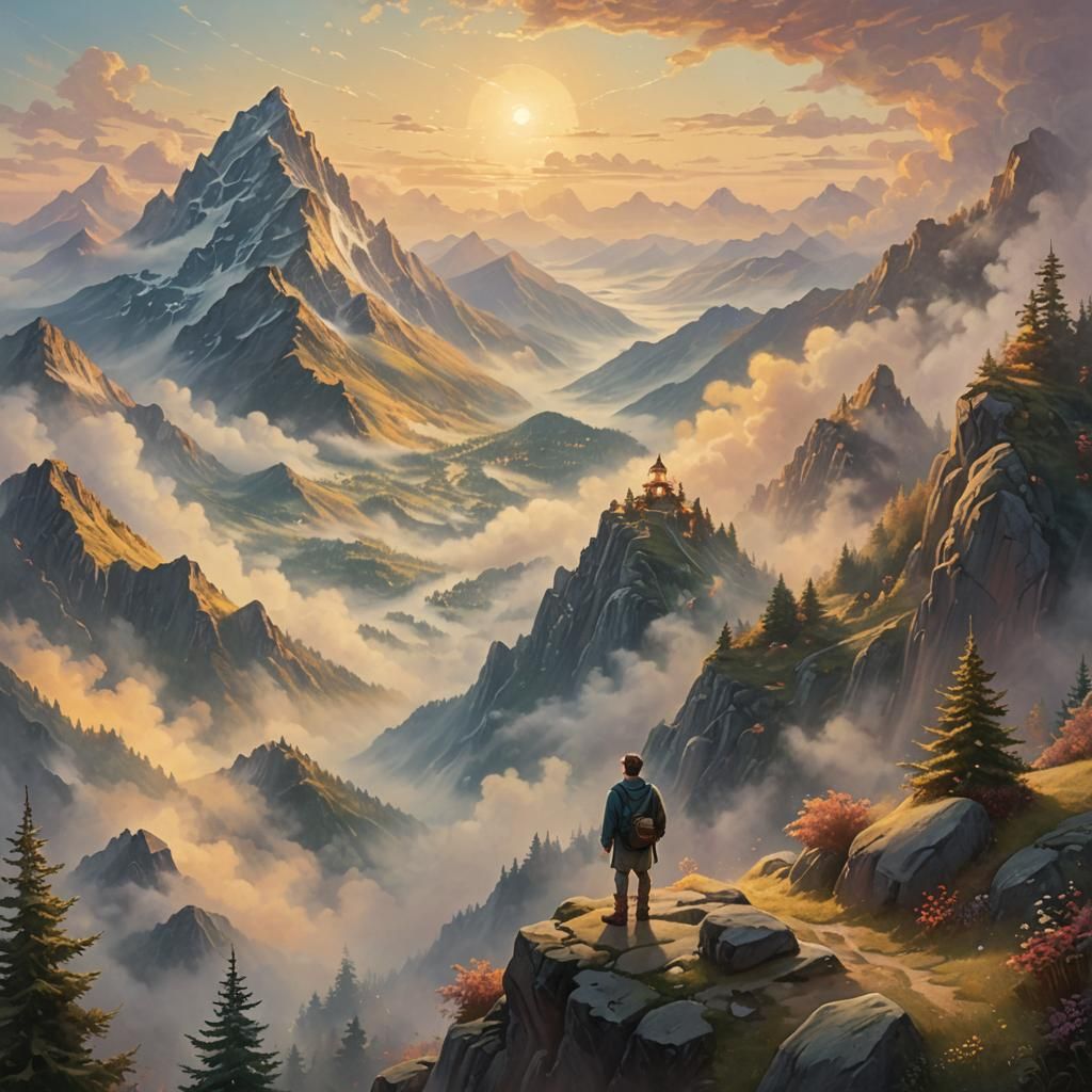 Whimsical Fantasy Man on Misty Mountain Peak