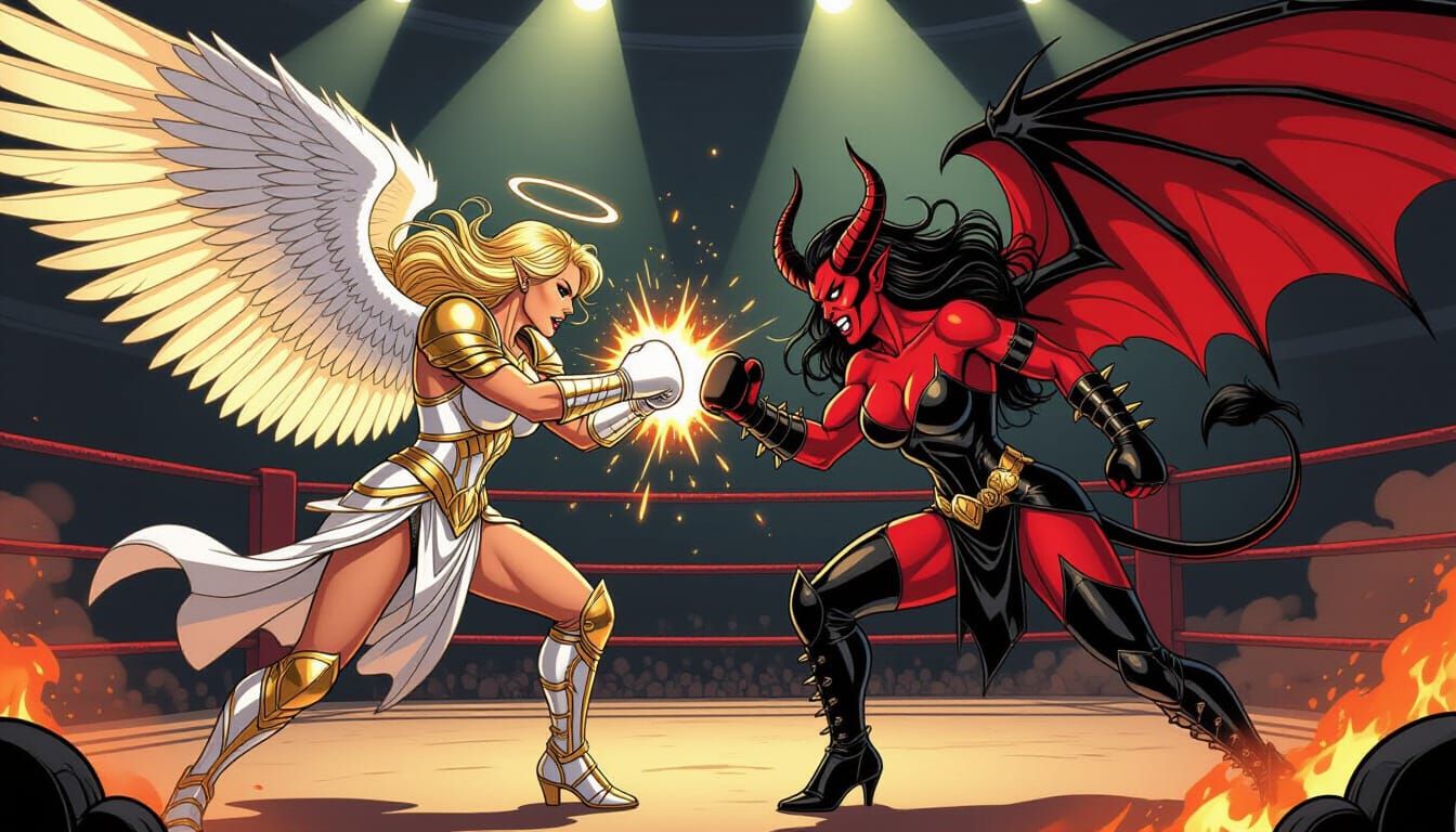 Angel vs Demon Boxing Match in Comic Art Style