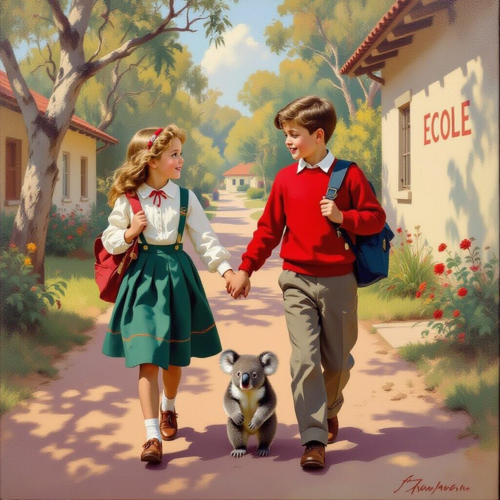 Children Walking to School with Koala, Oil Painting