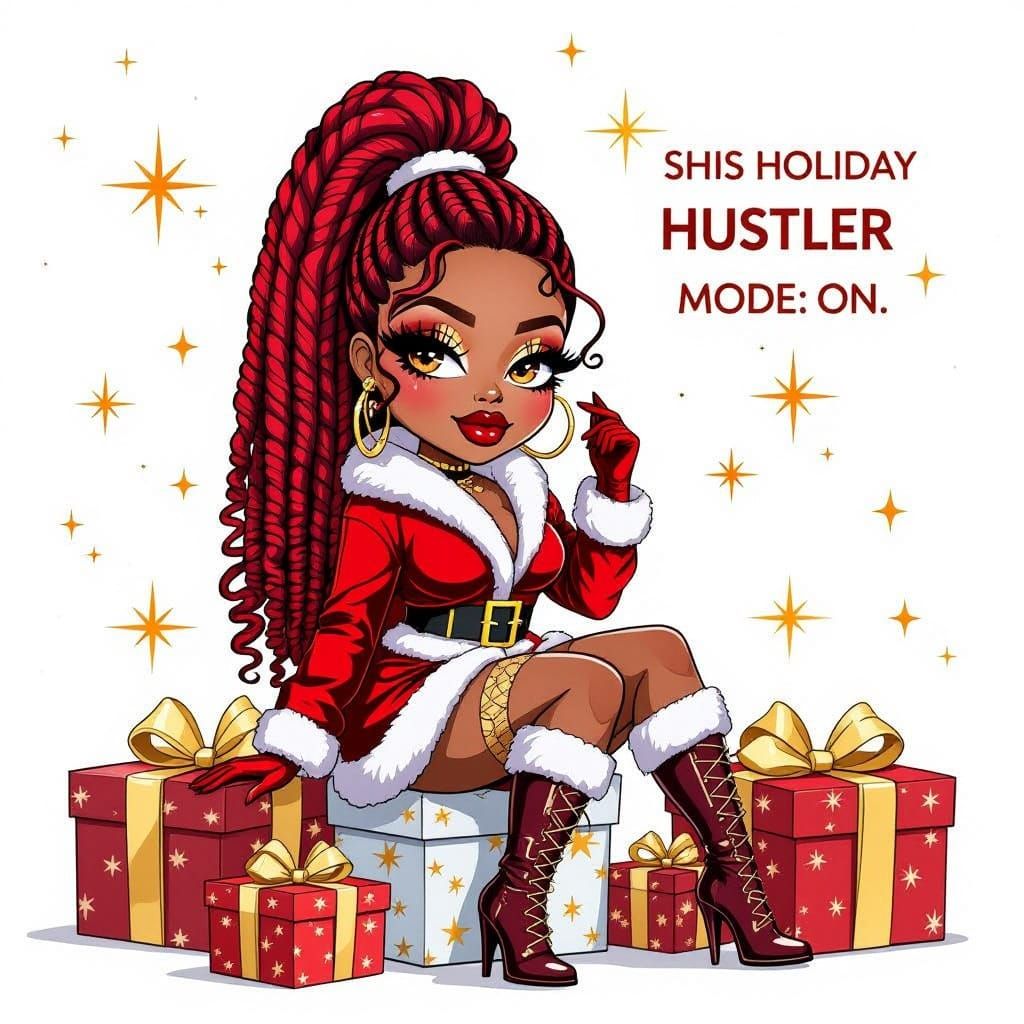 Chibi Bratz Style Woman with Fiery Locs in Santa Outfit