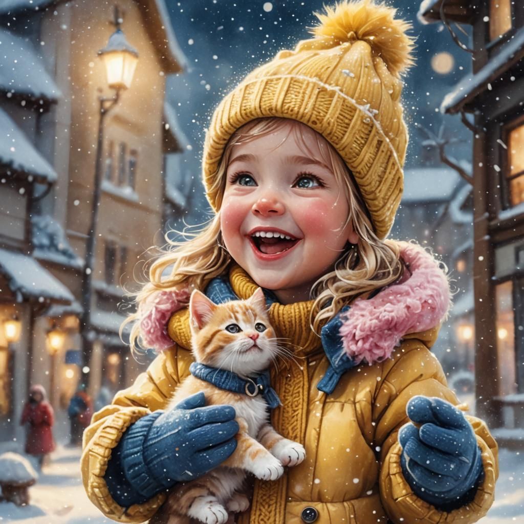 baby girl nyashka, knitted yellow hat with a pompom, blue fluffy fur coat, mittens holding a kitten, laughing, looking u...