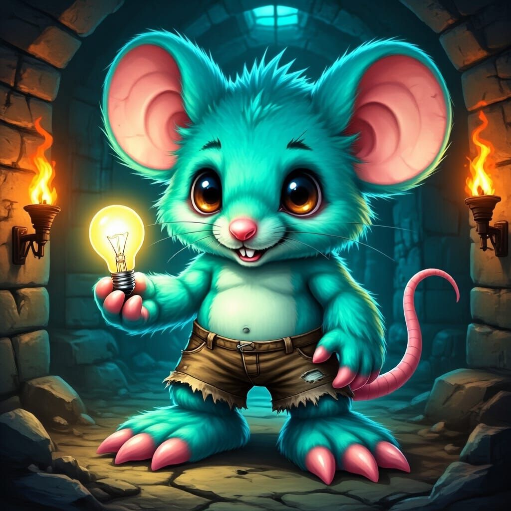Giant Aqua Chibi Mouse in Dungeon, Digital Art