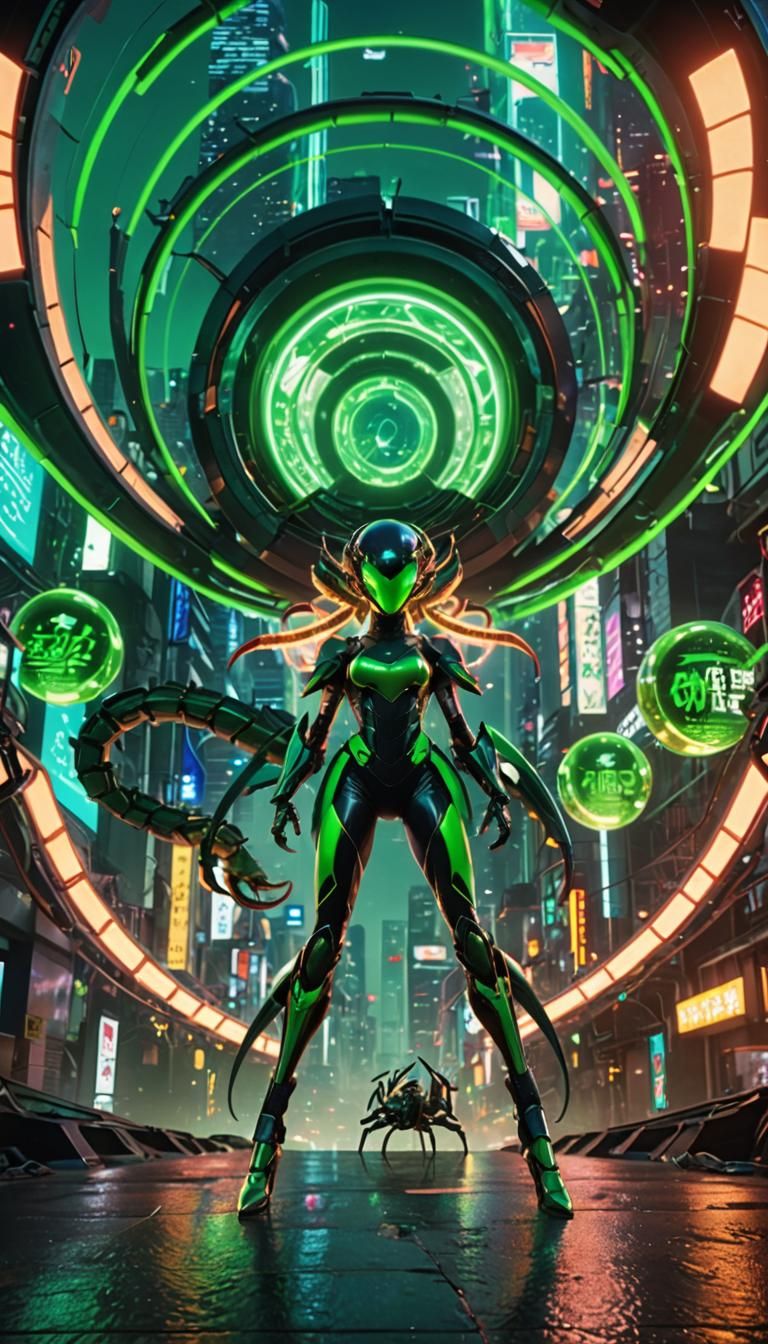 Scorpion Girl in Futuristic Cityscape Anime Style