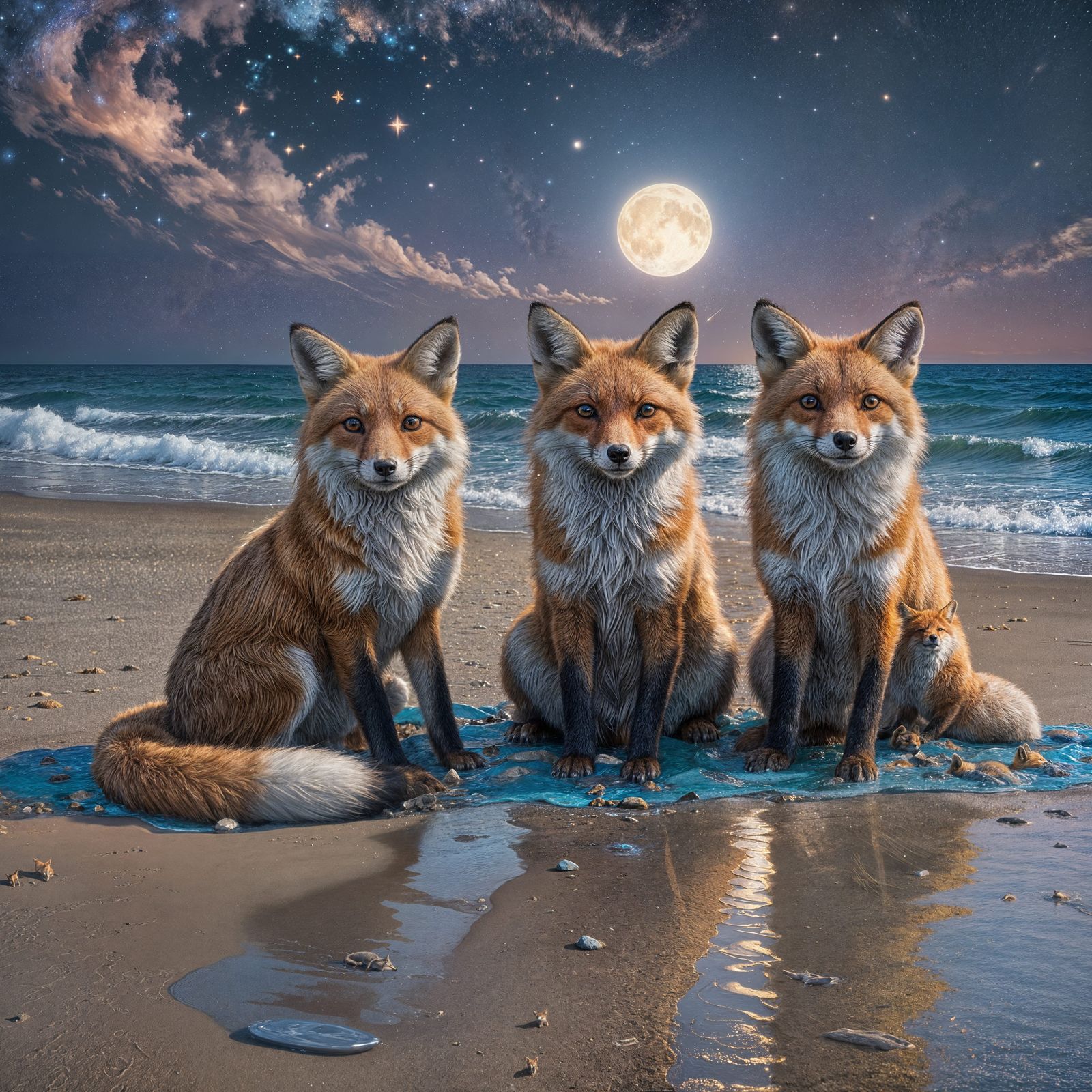 Foxes Under Starry Sky: Detailed Matte Painting