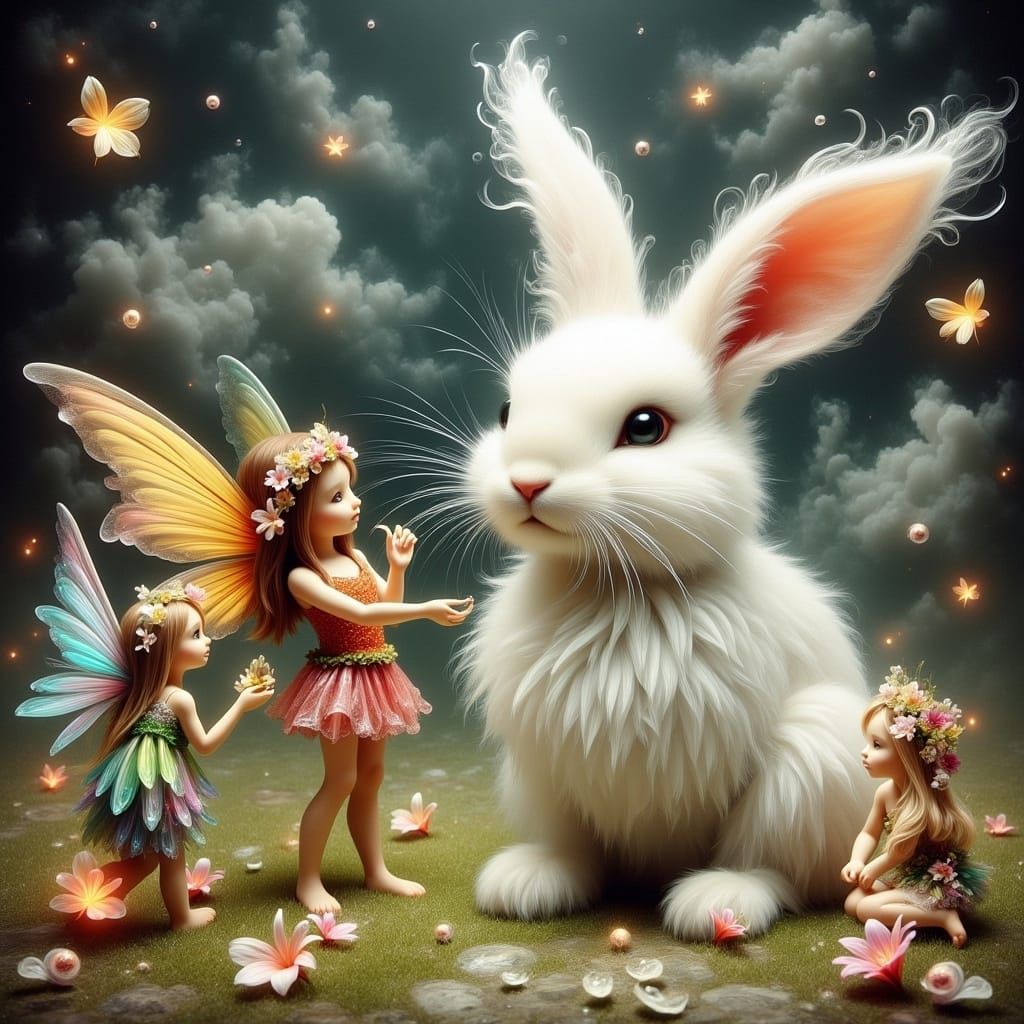 Fairies Play with Giant Bunny in Dreamlike Scene