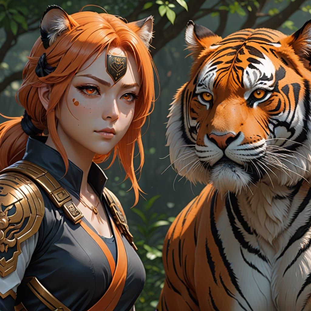 Anime Girl Samurai With Tiger, 3D Art Style