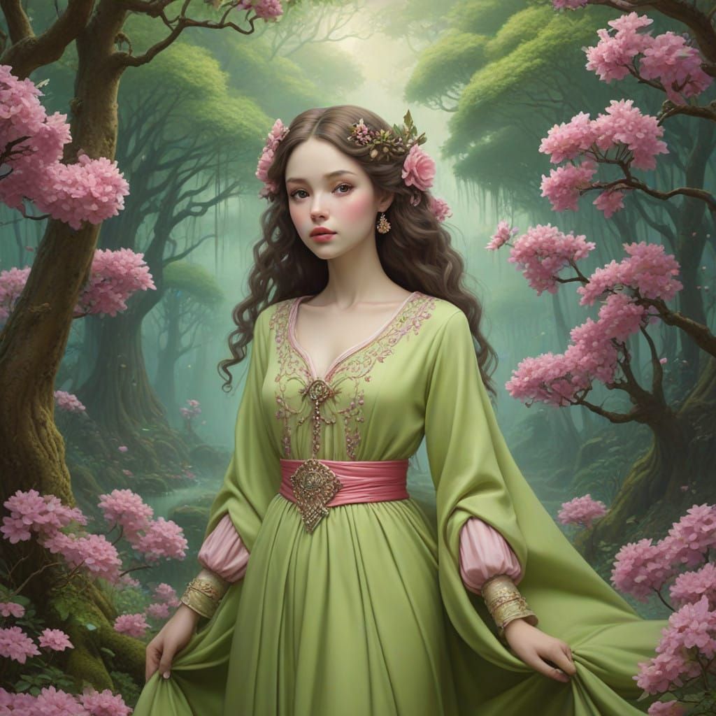 Whimsical Forest Goddess in Earthy Green Attire