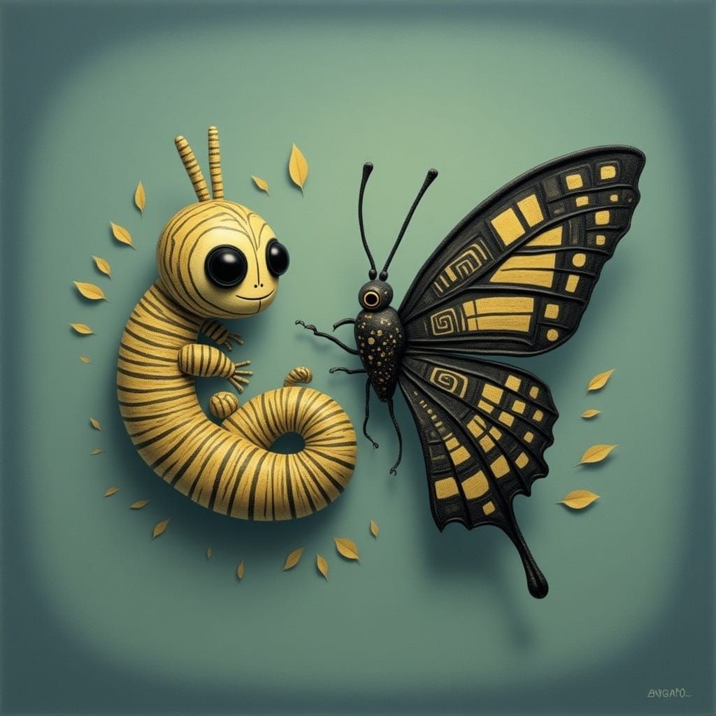 Surreal, Dreamlike Caterpillar Rests with Dark Butterfly Ill...