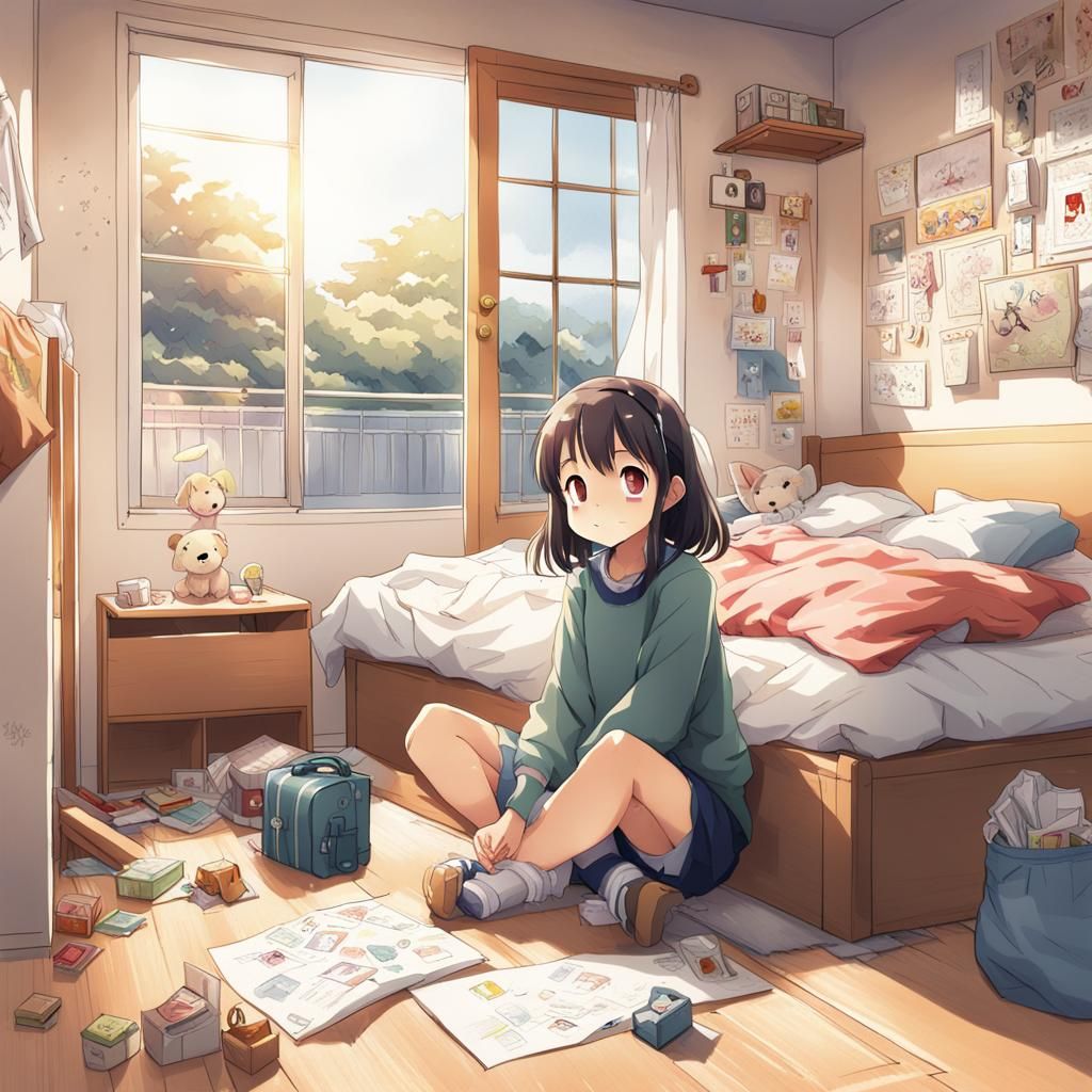 Happy Girl in Anime Style Bedroom