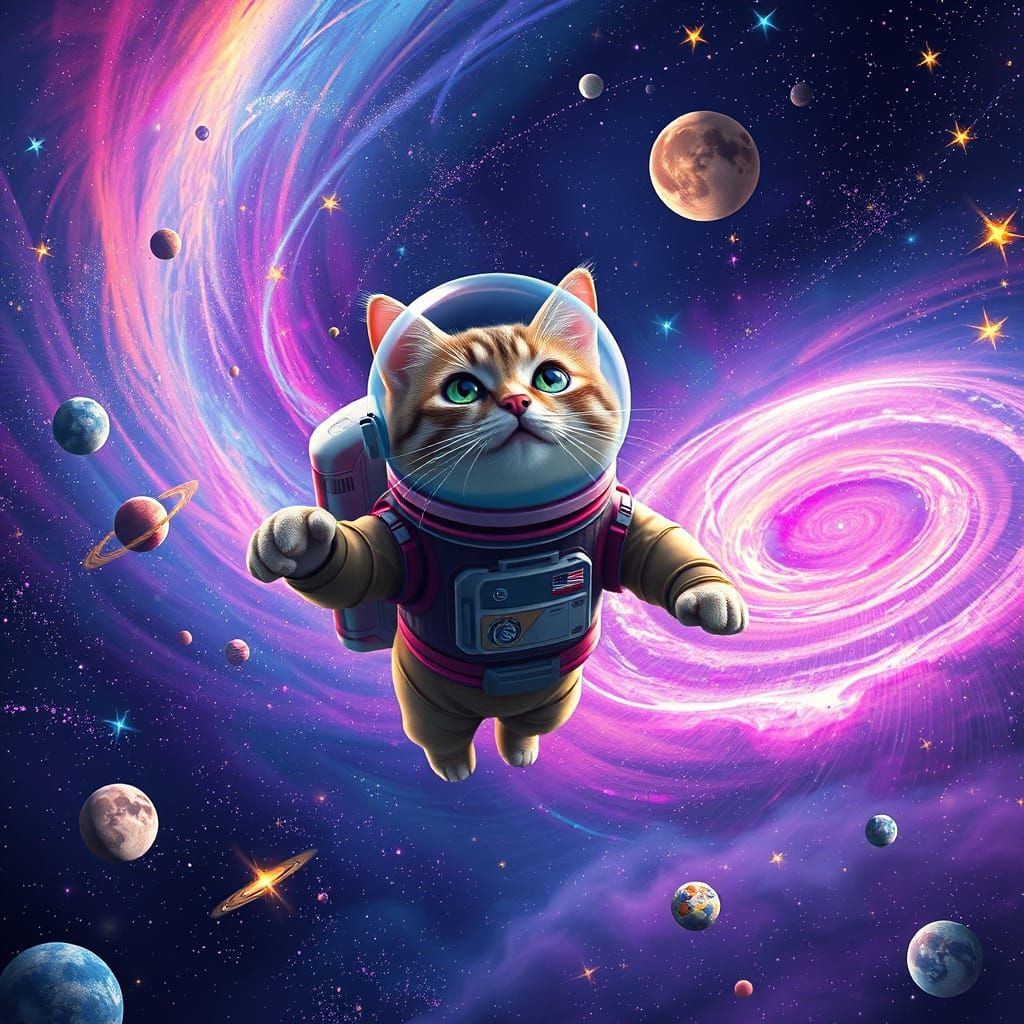 Cat Astronaut in Surreal Cosmic Dreamscape