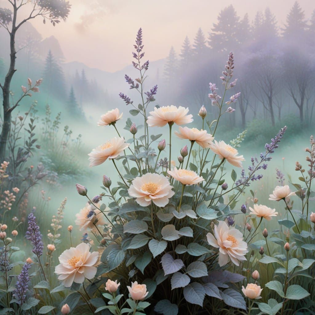 Surreal Floral Landscape in Pastel Hues and Whimsical Style