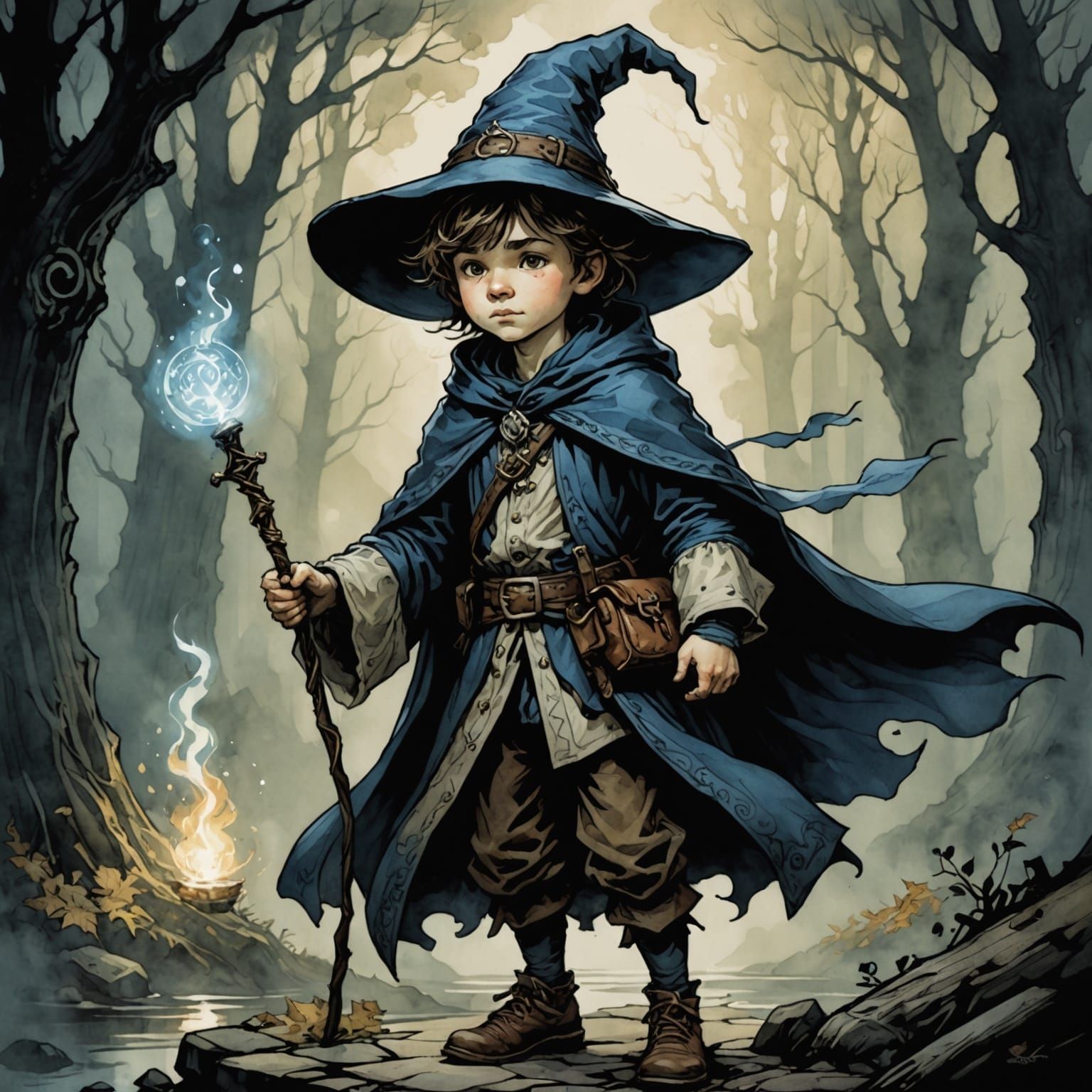 Boy Wizard in Forest, Watercolor Chiaroscuro