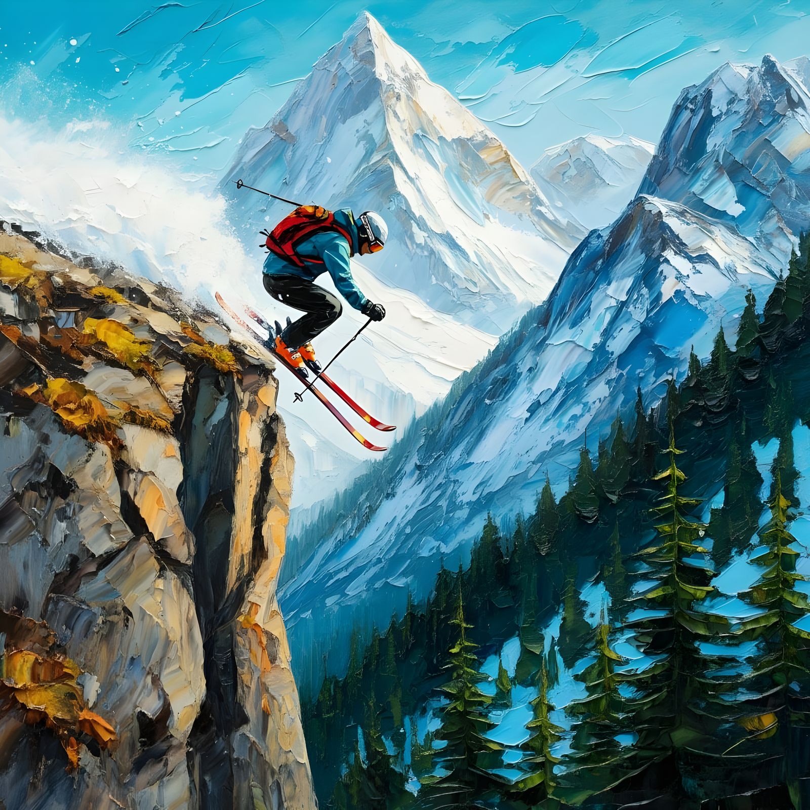 Ski Jump off Cliff in Alps as Impasto Painting