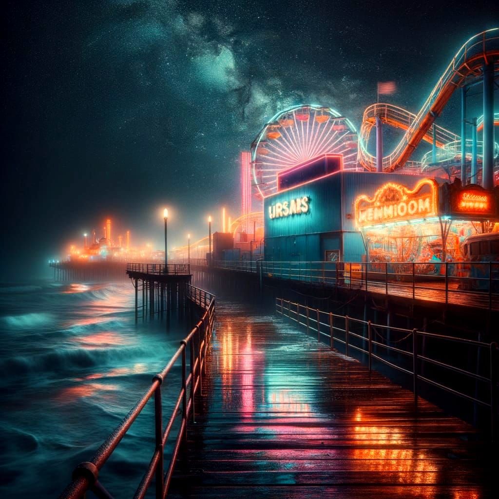 Abandoned Seaside Carnival Under Starlight