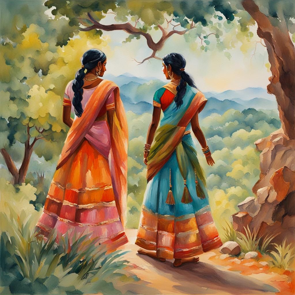 Indian Landscape with Women in Gouache Style