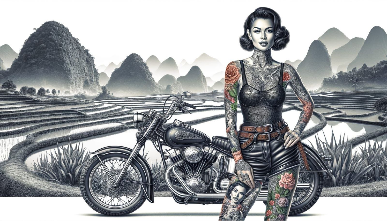 Woman in Pin-Up Style Motorcycle Attire with Intricate Tatto...