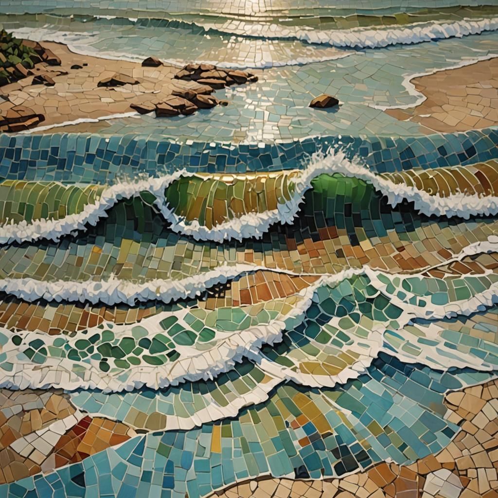 Mosaic Oil Painting of Surf Beach in Impasto Style