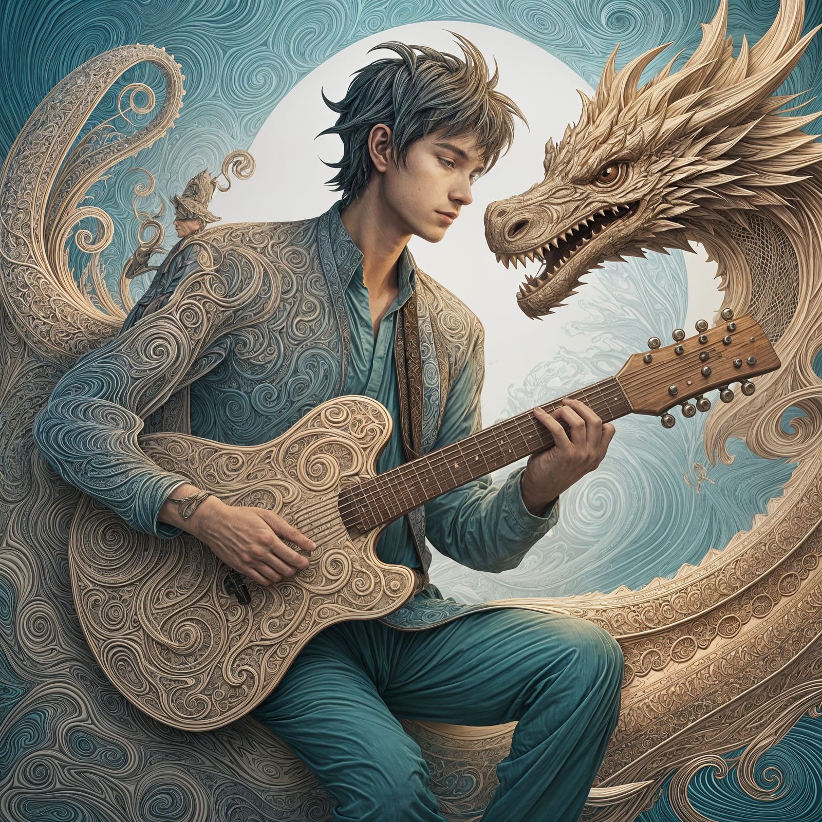 Dragon Guitar Illustration with Abstract Fractal Design