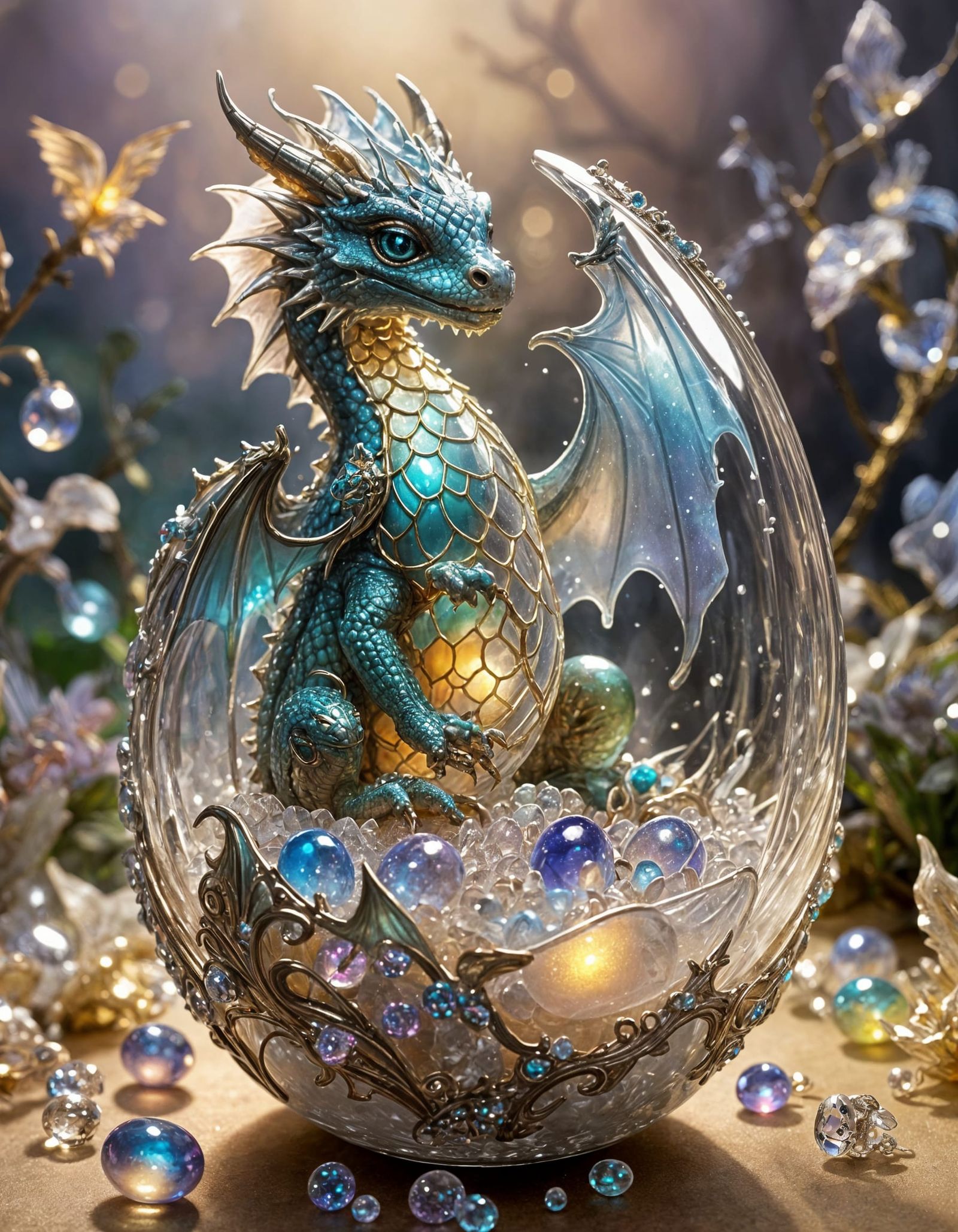 Ethereal Baby Dragon in Jeweled Glass Egg