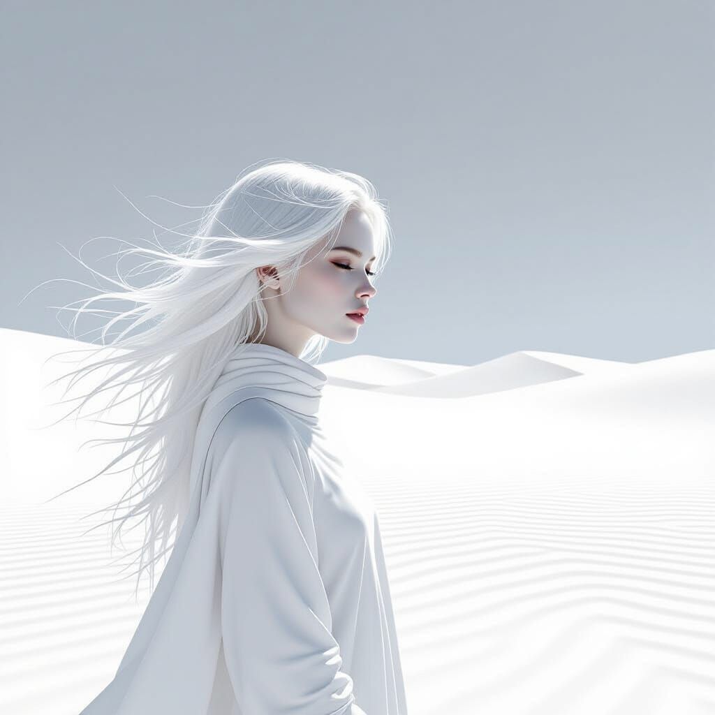 Minimalist Line Art: Albino Girl in White Desert