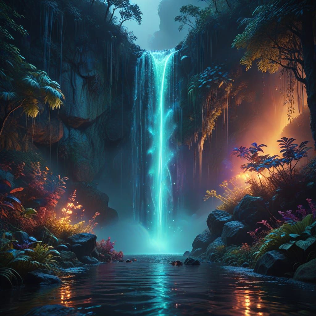 Luminous Waterfall in Wardrobe: Dreamlike Digital Art